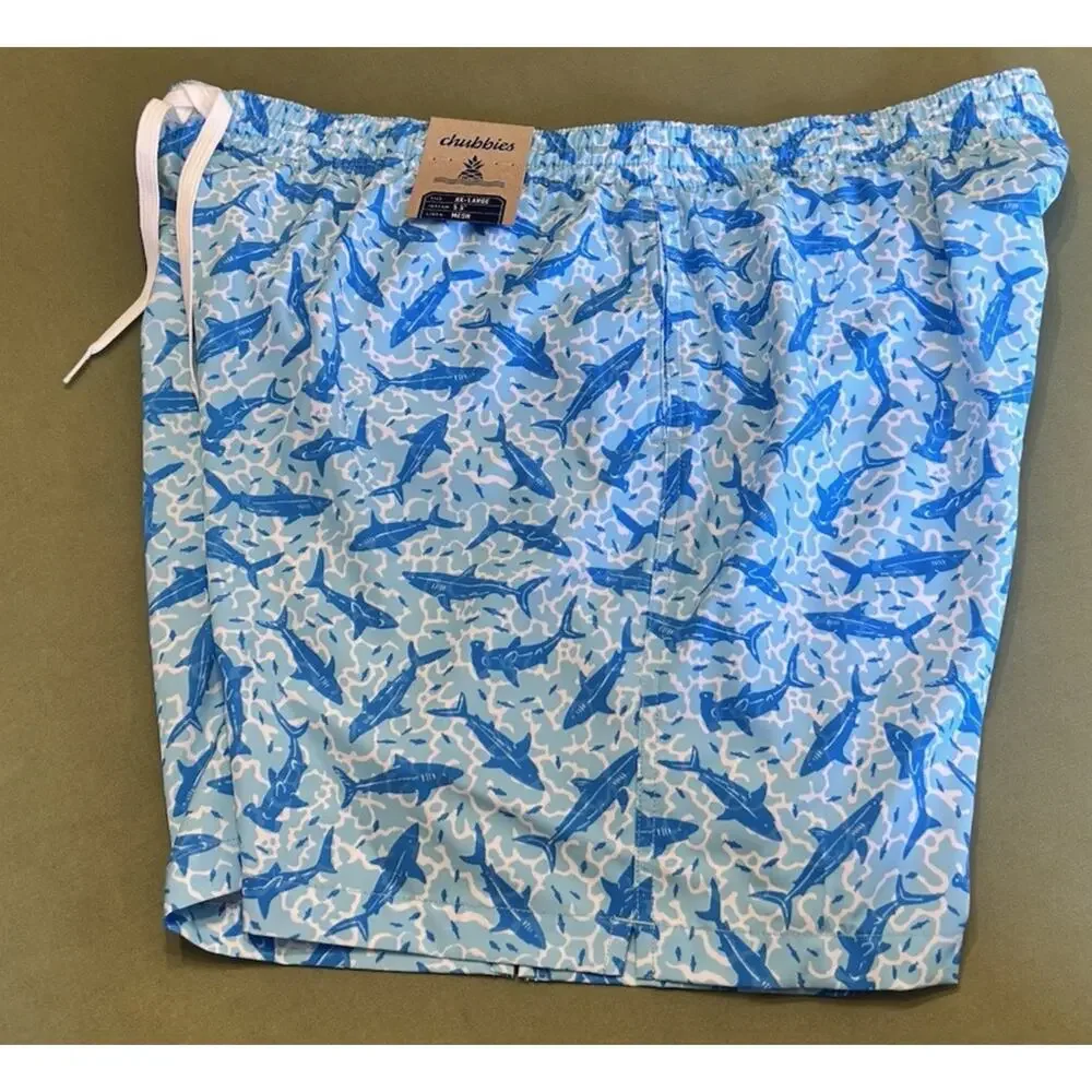 Chubbies The Shark Sides Swim Trunks Blue Shark Print NWT Men’s XXL